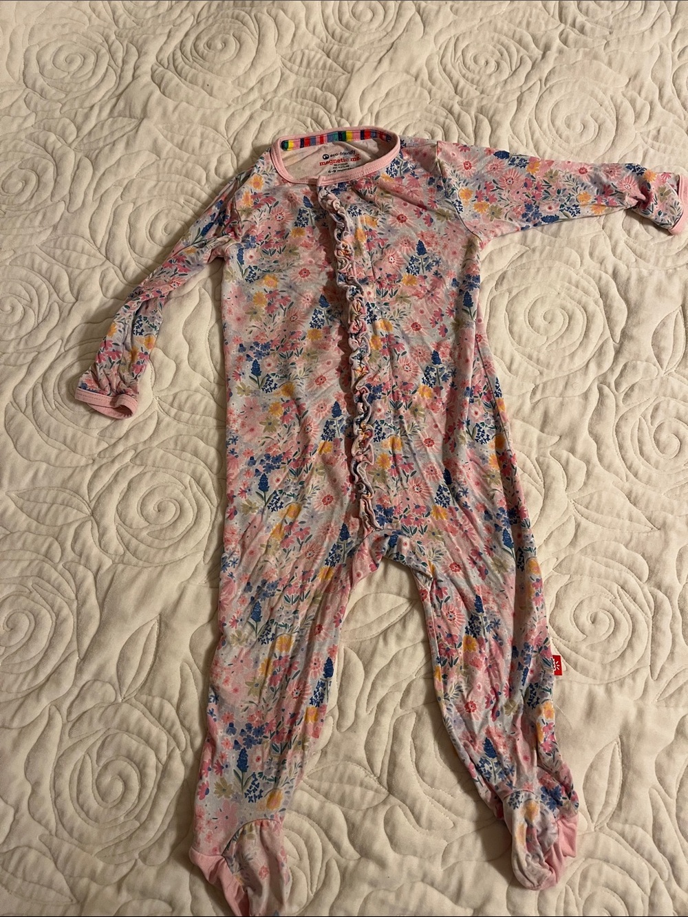 Magnetic Me Pink Floral Ruffle-Front Footed One-Piece